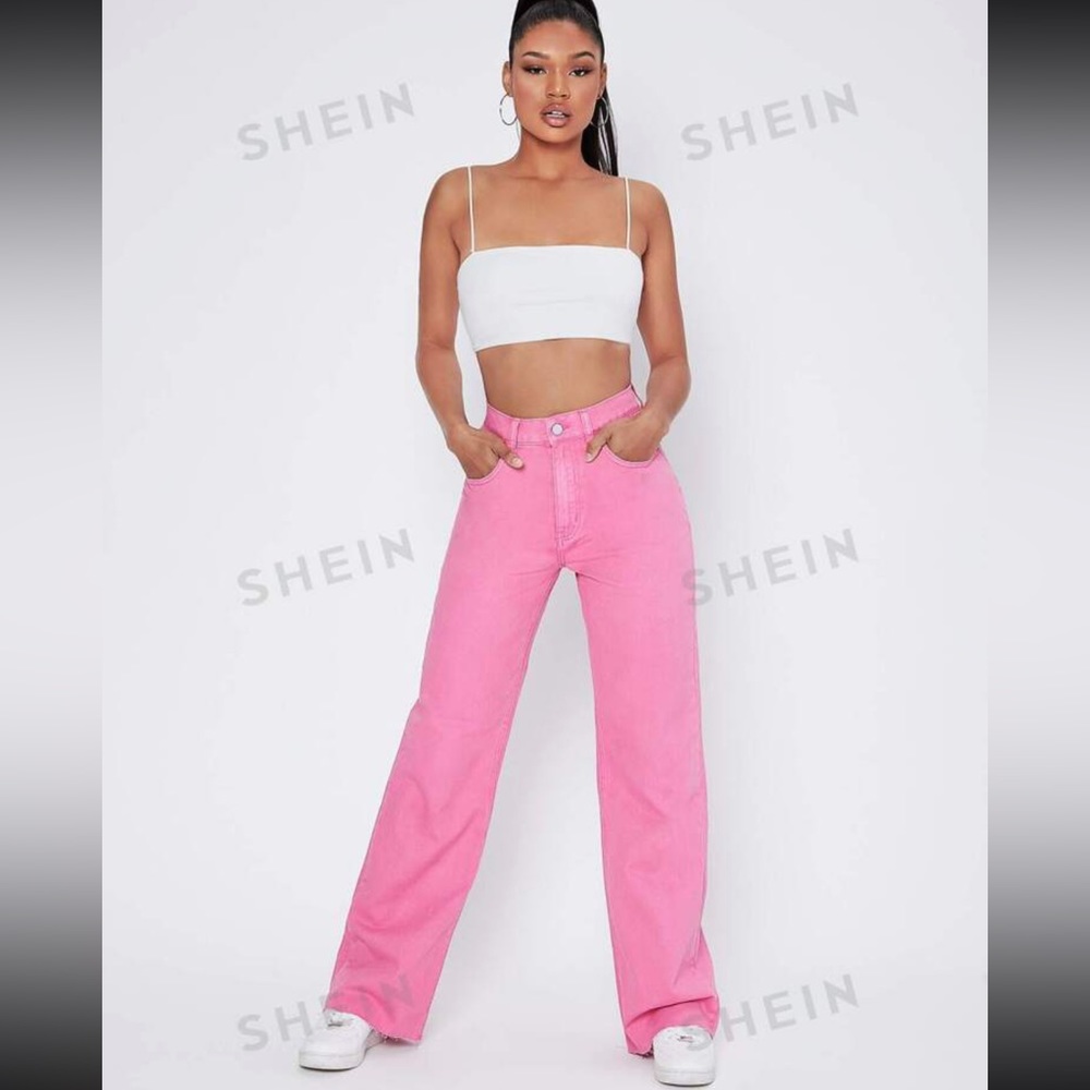 NEW. Pink high rise denim “boyfriend fit” jeans
